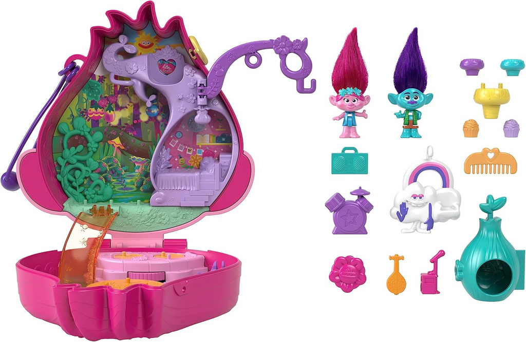 Polly Pocket x DreamWorks Trolls Poppy Compact Playset with Poppy & Branch Micro Dolls