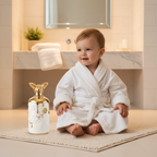 Lifestyle — toddler in white fluffy bathrobe beside cologne bottle with bee-themed packaging on bath mat, soft warm bathroom lighting — editorial for visual context only