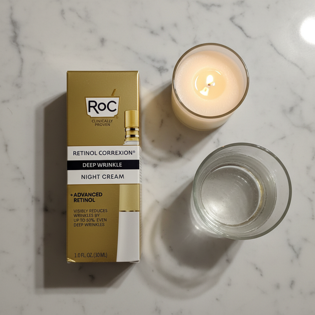 RoC Retinol Correxion Deep Wrinkle Night Cream gold box on marble vanity with candle and water glass.