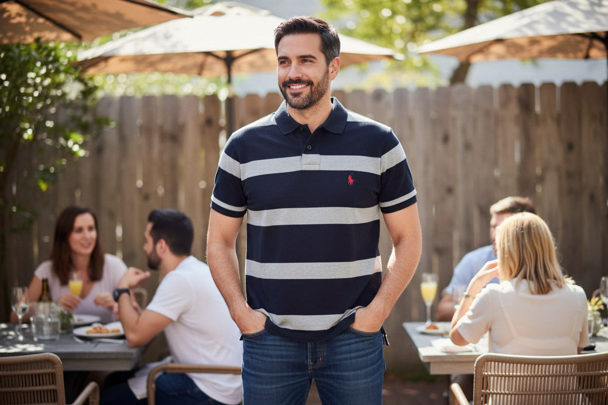 Polo Ralph Lauren Custom Fit black grey striped polo shirt XS worn by man at casual weekend brunch with dark jeans – More4less Outlet