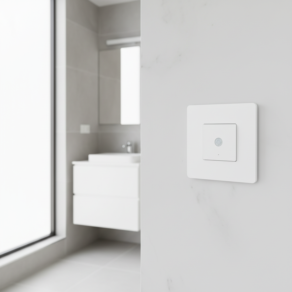 White adorne Wave switch in screwless wall plate in modern bathroom