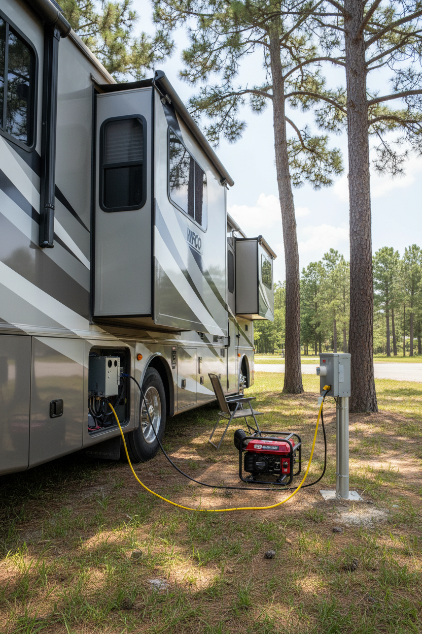 WFCO WF-T30 automatic transfer switch installed in RV at campsite with shore power hookup and generator