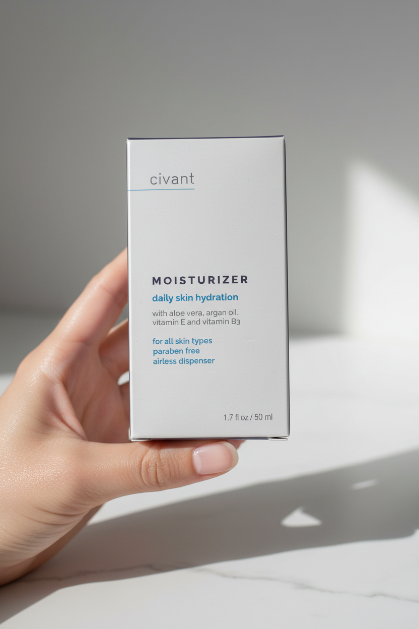 Civant Moisturizer held in hand with glowing skin skincare routine
