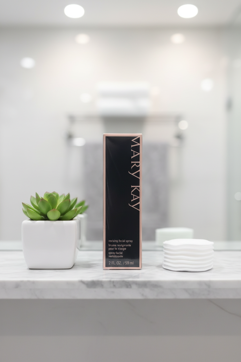 Mary Kay Reviving Facial Spray box on white marble bathroom shelf with small plant and cotton pads
