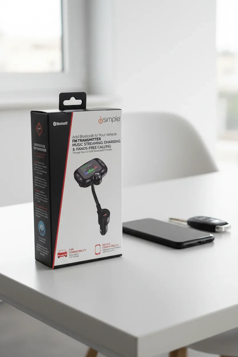 iSimple FMBTIS Bluetooth FM Transmitter box on gray office desk with matte black smartphone and car keys — More4less Outlet