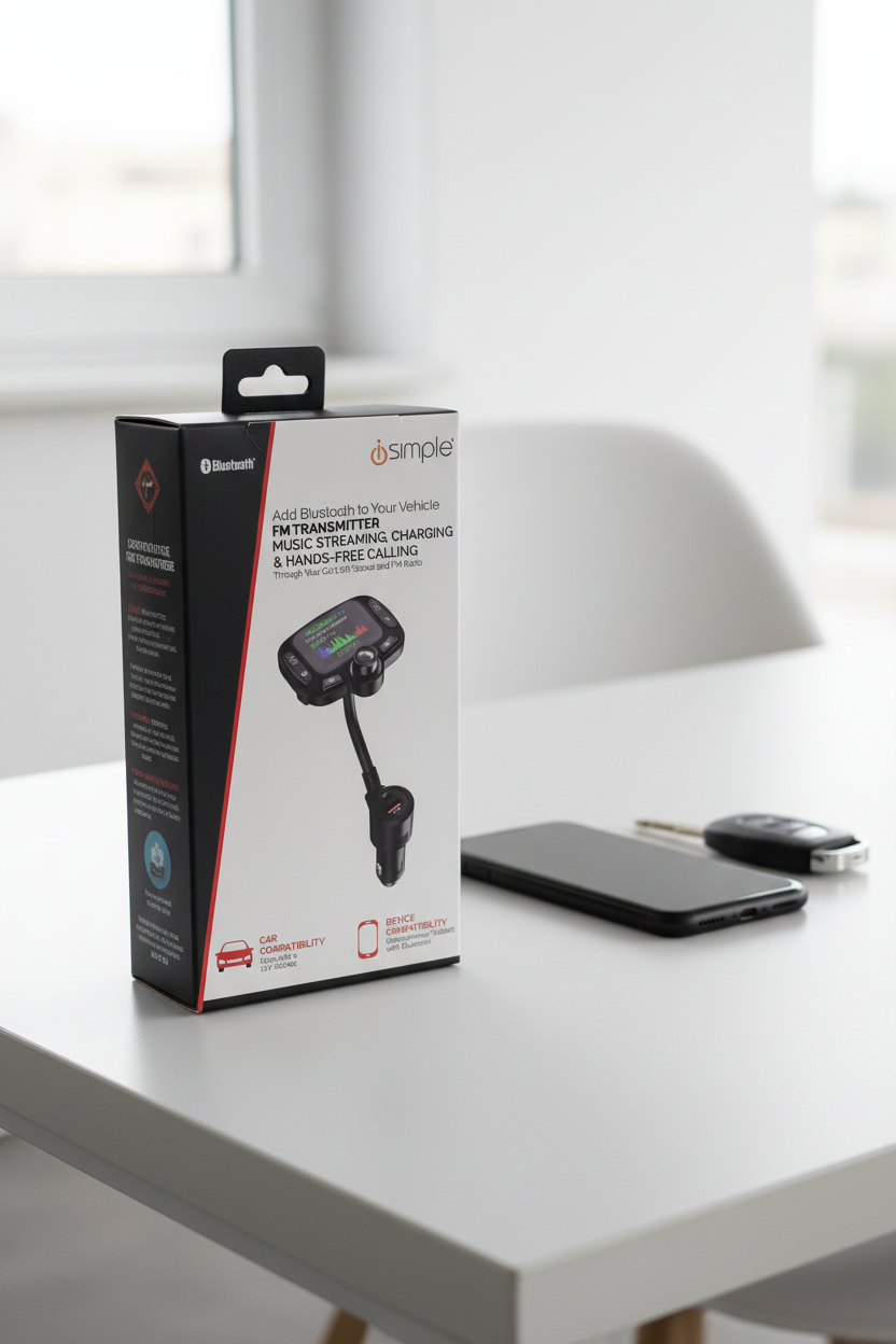 iSimple FMBTIS Bluetooth FM Transmitter box on gray office desk with matte black smartphone and car keys — More4less Outlet