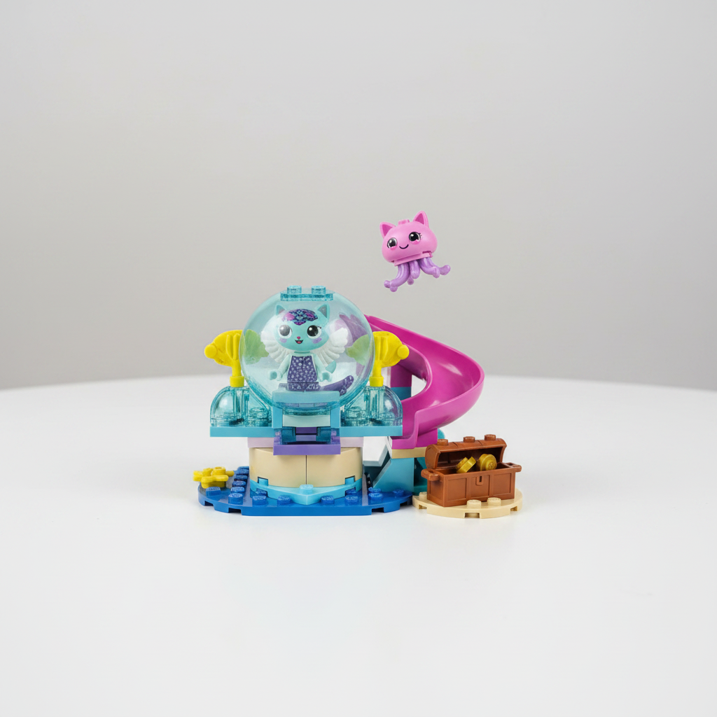 LEGO Gabby's Dollhouse Mermaid Gabby's Aquarium Adventure set 11204 close-up of built aquarium showing giant bubble chamber with MerCat, coral slide, hidden treasure chest, and Kitty Jellyfish figure