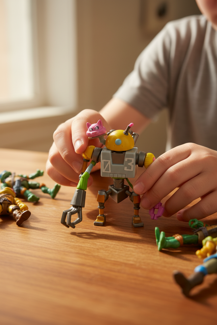 Child playing with TMNT Mutations Mechazoid 03 gray robot figure with swappable colorful parts