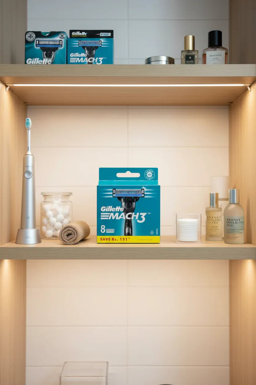 Gillette Mach3 8-count razor refills in organized home supply bathroom closet with dental and grooming essentials