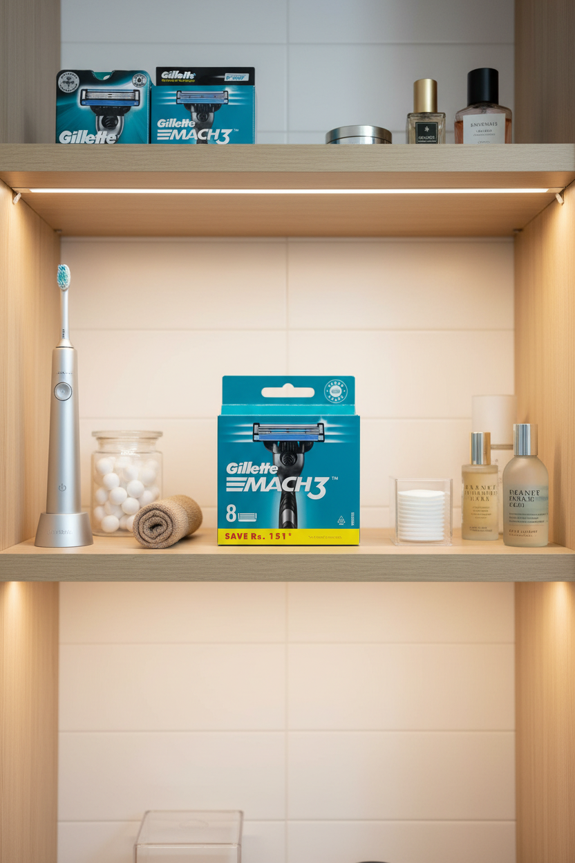 Gillette Mach3 8-count razor refills in organized home supply bathroom closet with dental and grooming essentials
