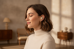 Bytech True Wireless Retro Earbuds beige worn by stylish young woman listening to music vintage sophistication warm background – More4less Outlet