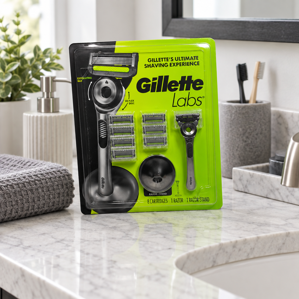 GilletteLabs razor kit package on a bathroom marble countertop