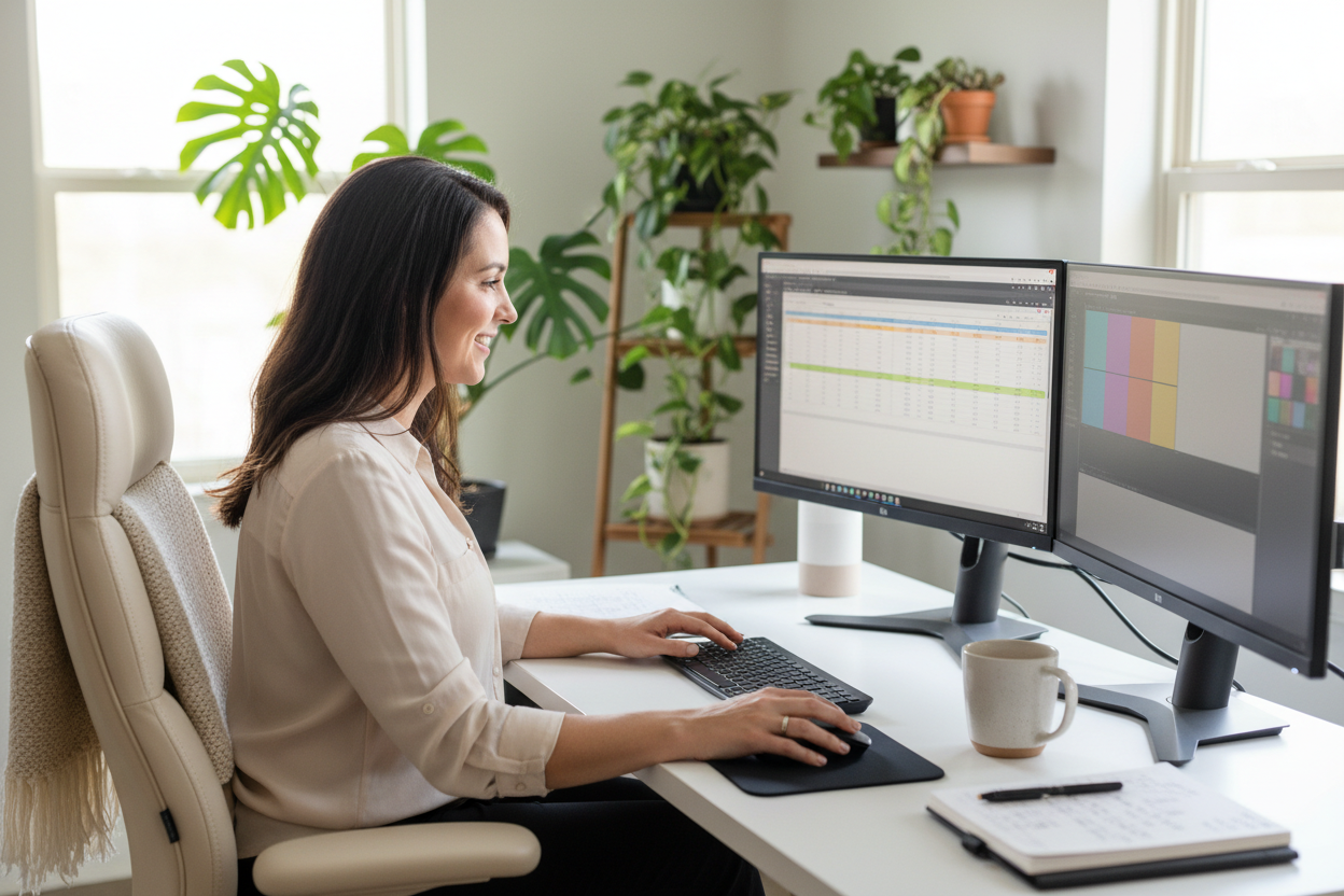 Woman working from home at bright modern desk using Techellent Universal Wireless Keyboard and Mouse Combo – More4less Outlet