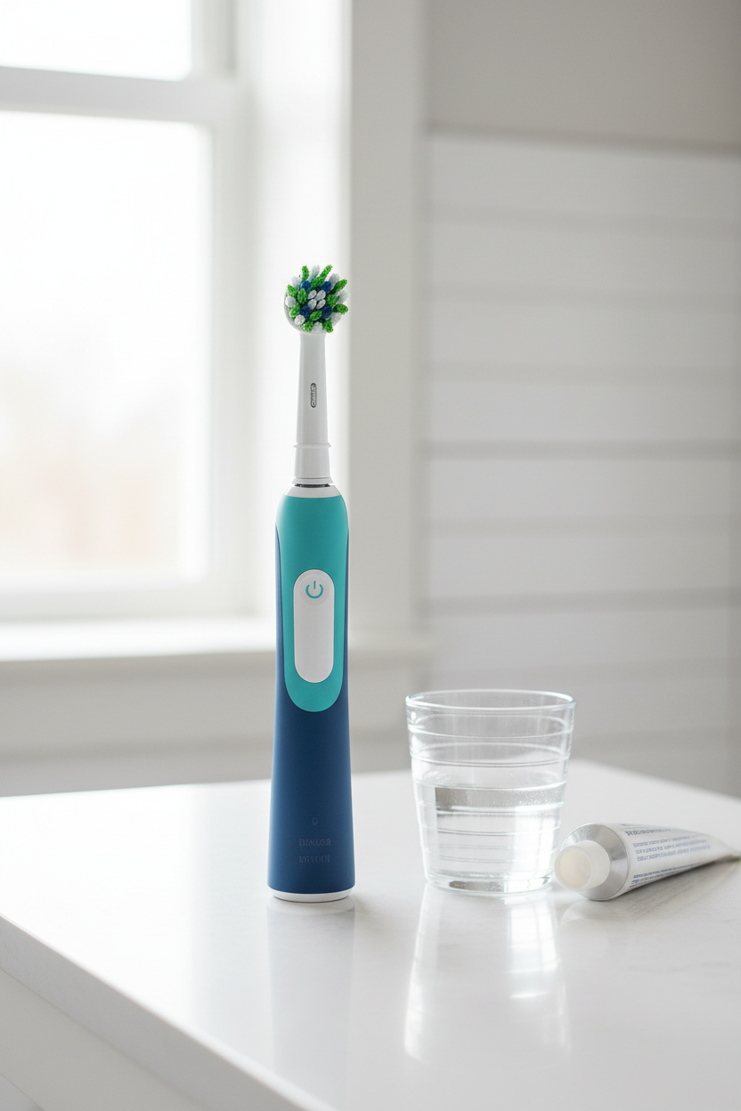 Oral-B Pro 1000 electric toothbrush on bathroom countertop with water glass and toothpaste