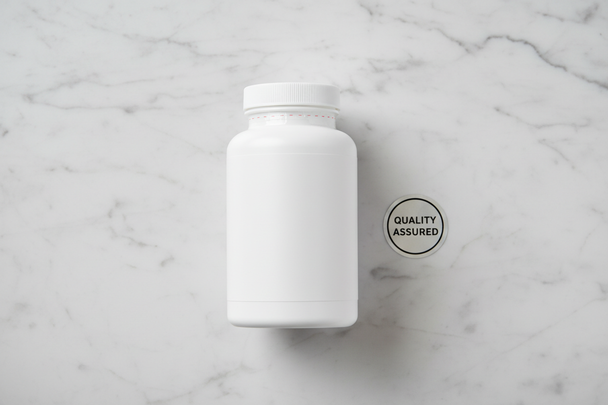 Top-down view of white supplement bottle showing intact tamper-evident safety seal