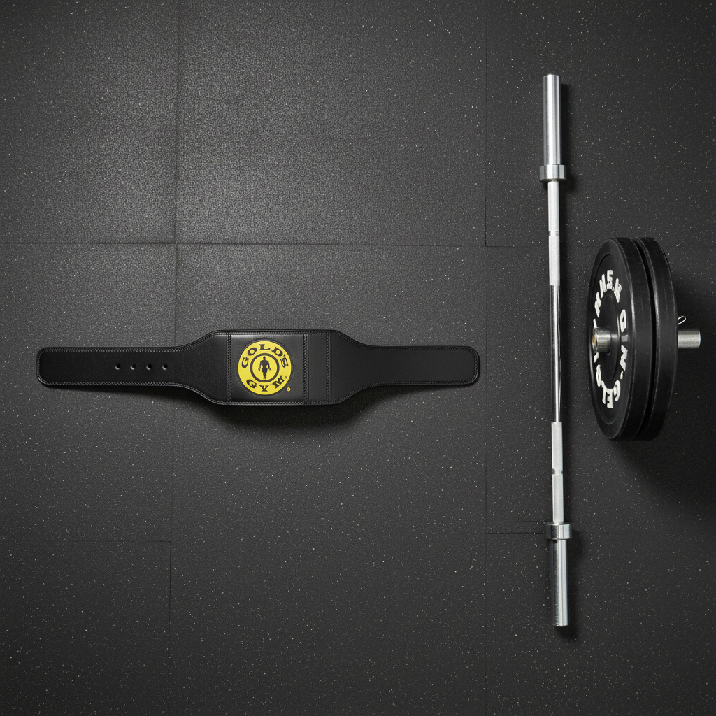 Gold's Gym black leather weight lifting belt laid flat on dark gym floor next to barbell and weight plates – More4less Outlet