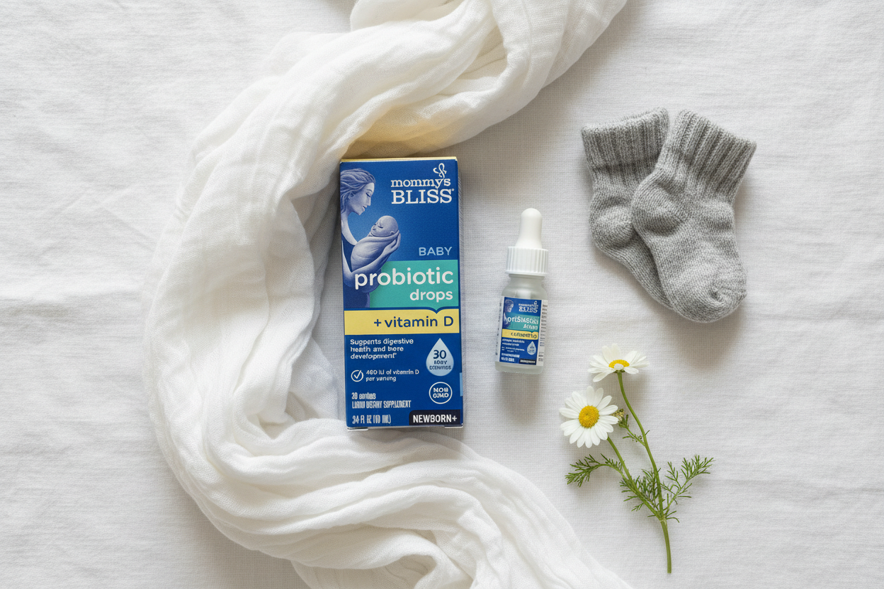 Mommy's Bliss Baby Probiotic Drops Vitamin D flatlay on white linen with dropper baby socks muslin swaddle and chamomile - More4less Outlet