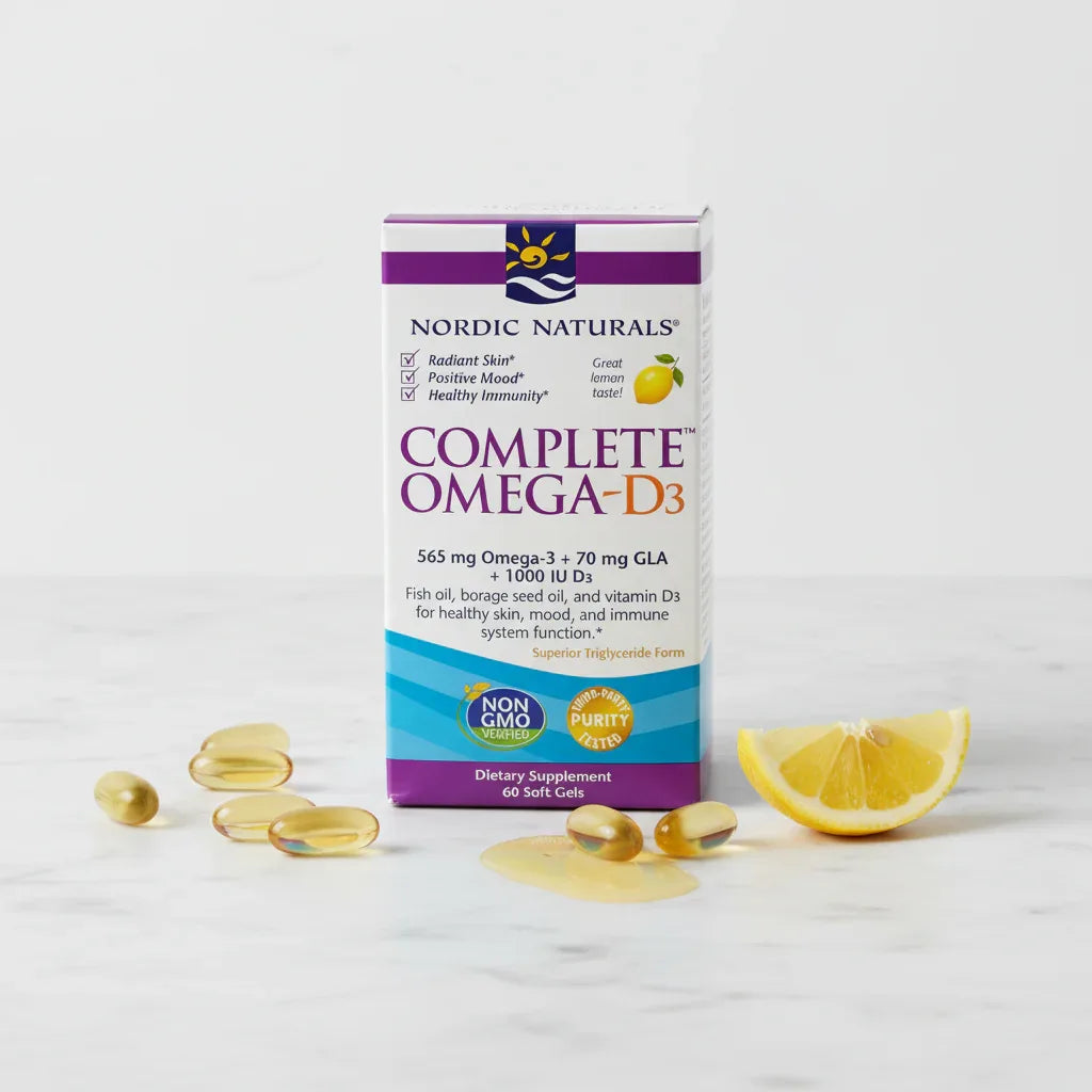 Professional health care photography emphasizing high purity supplement brand standard on white marble