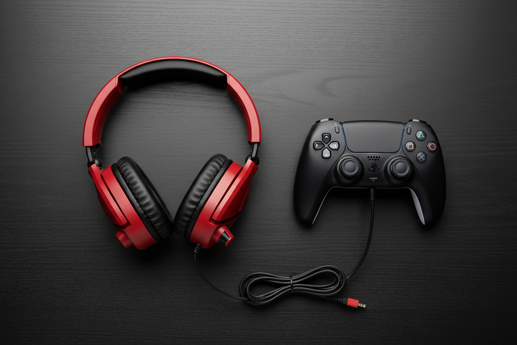 Turtle Beach Recon 70 red gaming headset flat lay on gaming desk with controller and 3.5mm cable — More4less Outlet