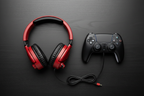 Turtle Beach Recon 70 red gaming headset flat lay on gaming desk with controller and 3.5mm cable — More4less Outlet