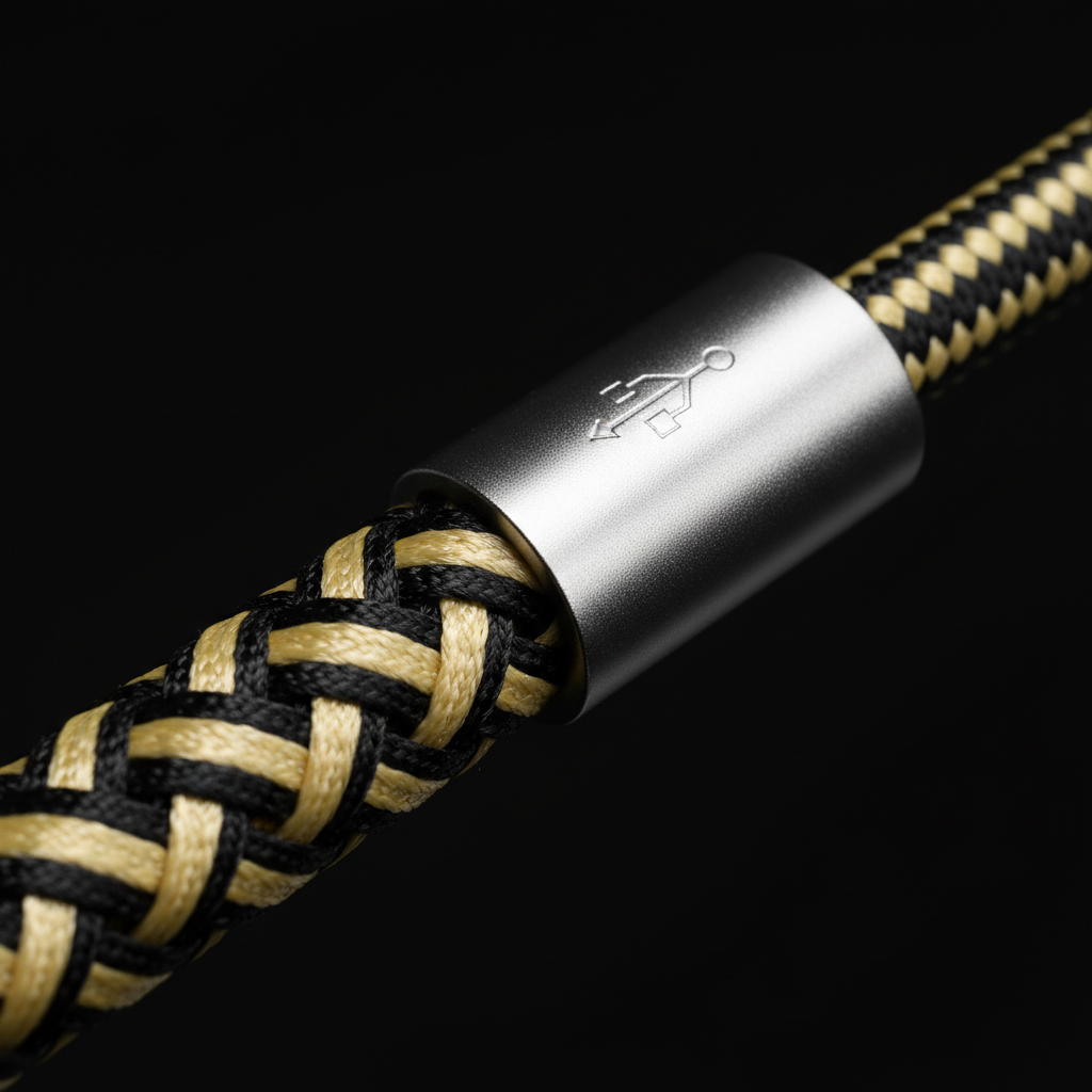 Close-up of tightly woven braided nylon and Kevlar fiber USB charging cable showing dual-shade weave texture and silver connector — More4less Outlet