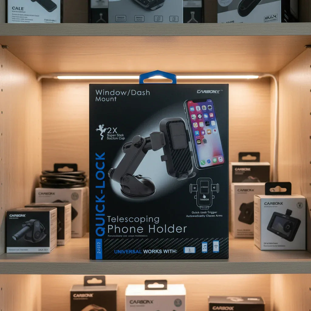 CARBONX Quick-Lock Telescoping Phone Holder box inside organized automotive accessory cabinet next to clean-labeled tech gear with soft shelf lighting