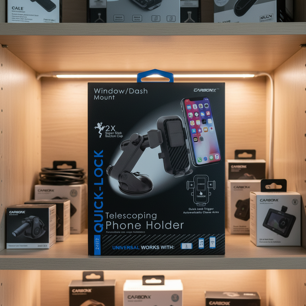 CARBONX Quick-Lock Telescoping Phone Holder box inside organized automotive accessory cabinet next to clean-labeled tech gear with soft shelf lighting