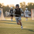 Teen boy lacrosse player in full gear running on field during game, youth sports action lifestyle