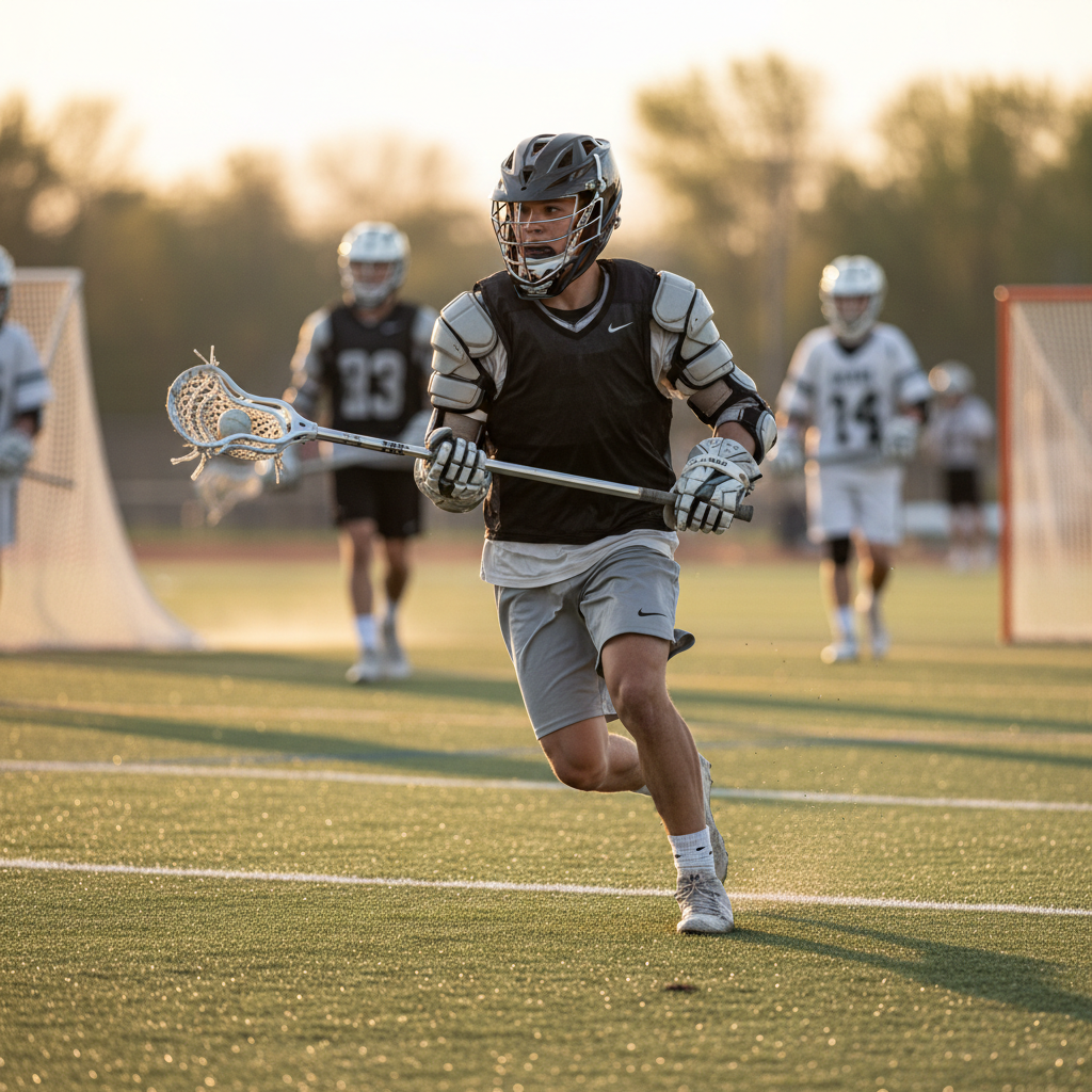 Teen boy lacrosse player in full gear running on field during game, youth sports action lifestyle