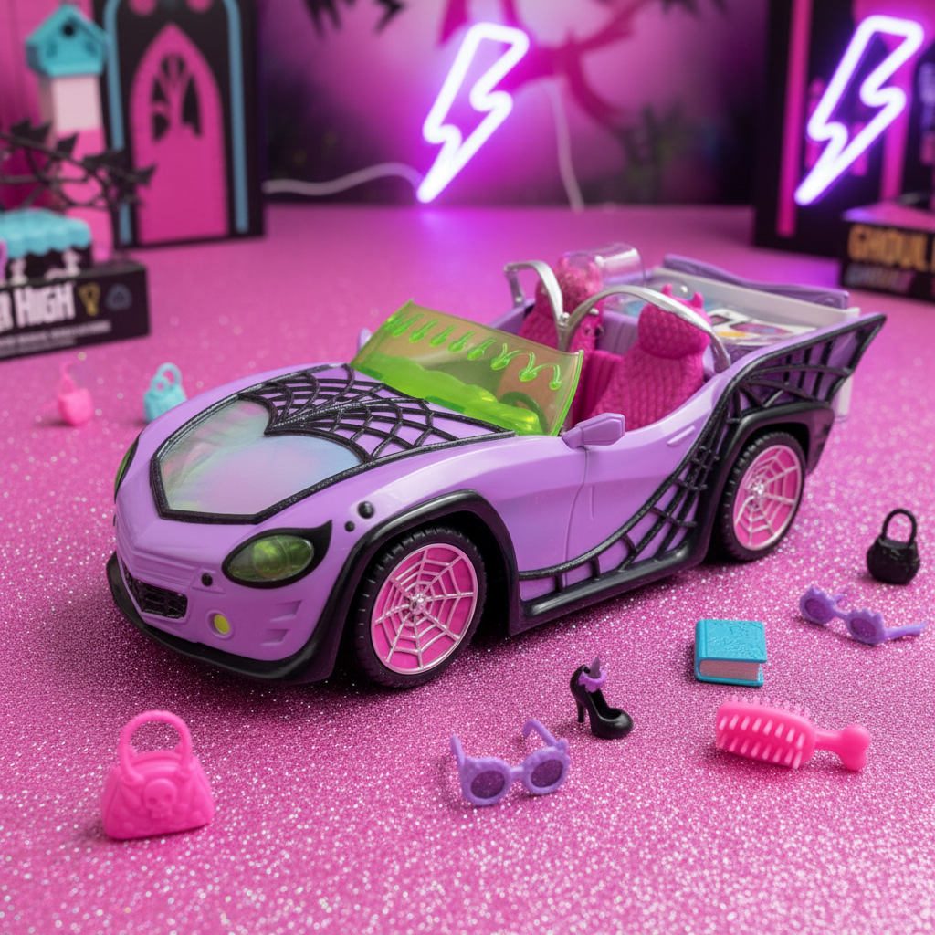 Purple Monster High Ghoul Mobile toy car on a pink and purple glittery surface with Monster High doll accessories scattered around it.