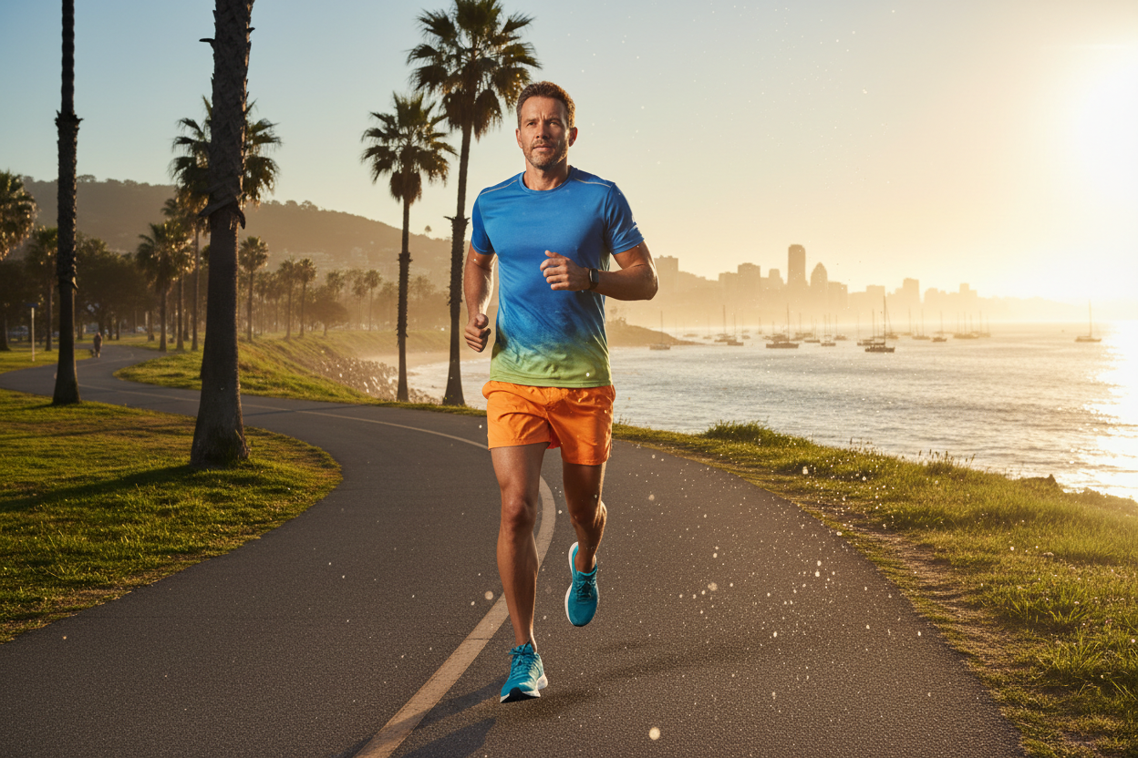 Active man jogging along scenic waterfront path in morning light, cardiovascular health lifestyle