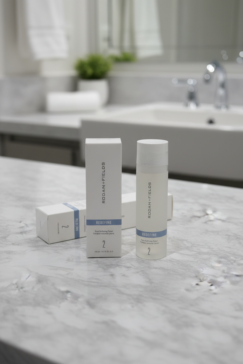 Rodan + Fields REDEFINE Pore Refining Toner bottle and box centered on light marble vanity