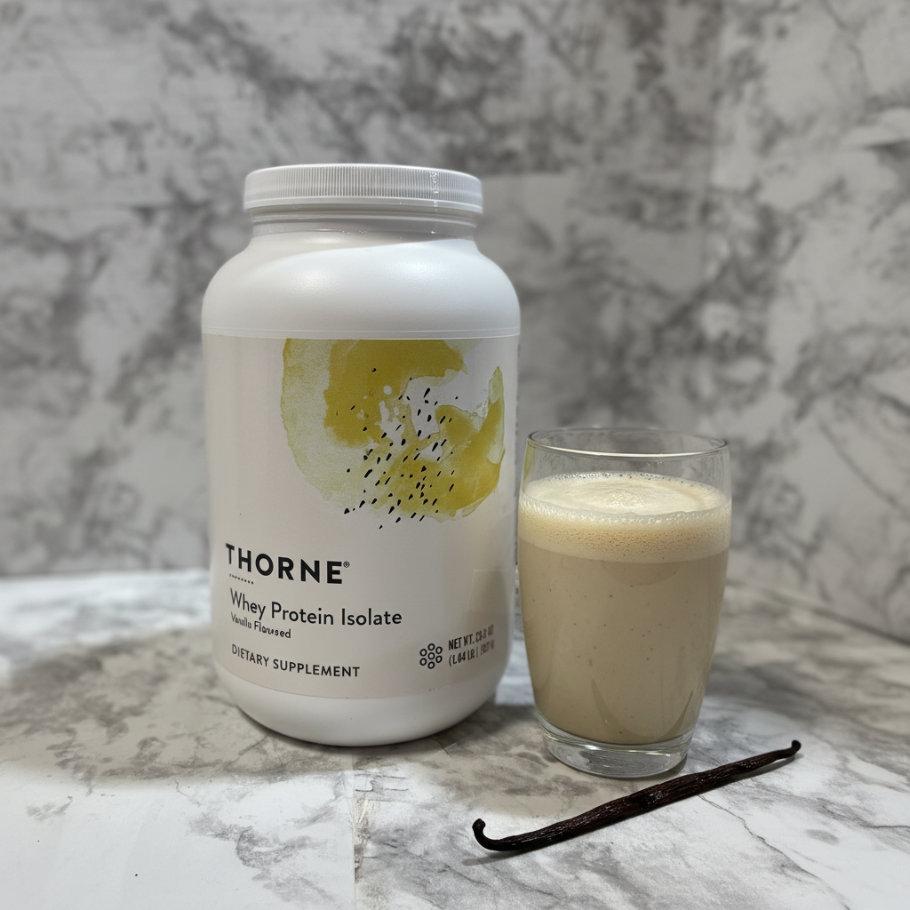 White Thorne Whey Protein Isolate tub on a marble kitchen countertop next to a vanilla protein shake in a clear glass with a vanilla bean pod.
