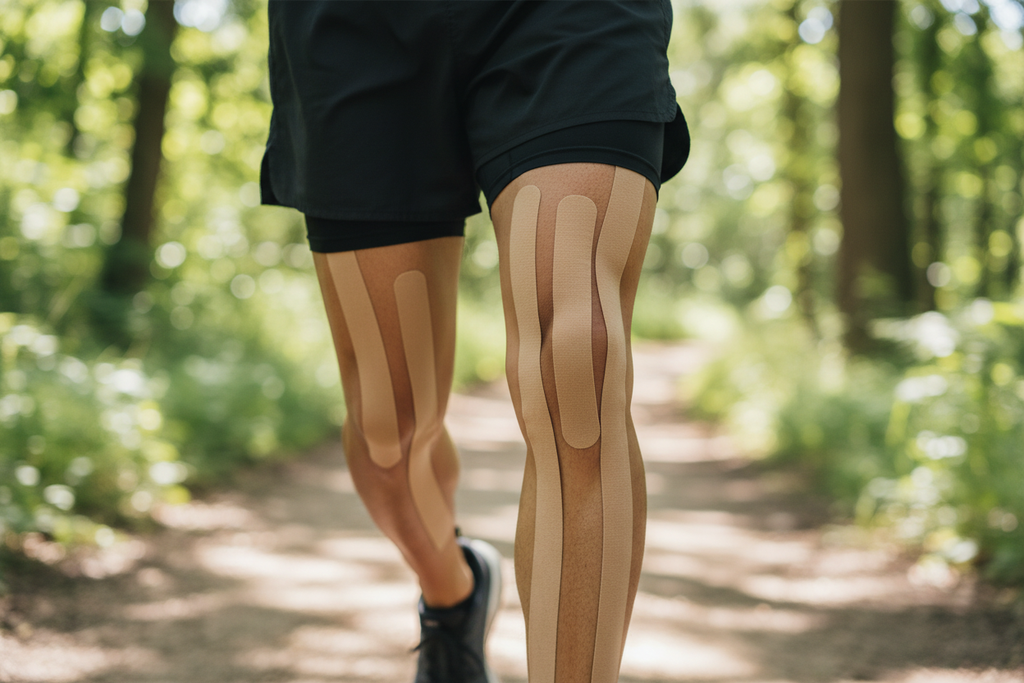 KT Tape Pro Beige Stealth kinesiology tape applied on runner knee and calf blending with skin tone
