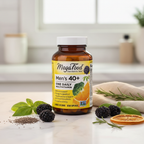 Men's multivitamin amber glass bottle on white marble surface with soft morning light and organic botanicals – More4less Outlet