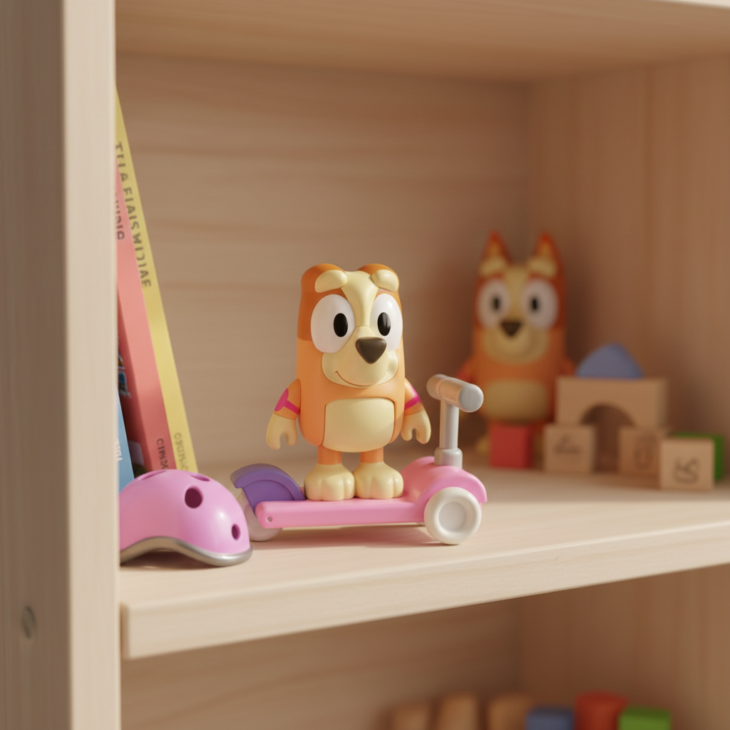 Bluey Bingo Chat Mates talking figure with pink scooter and removable helmet displayed on a playroom shelf