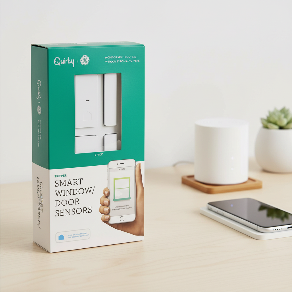 Quirky + GE Tripper Smart Sensors retail box on minimalist home office desk next to organized Wi-Fi hub and modern smartphone