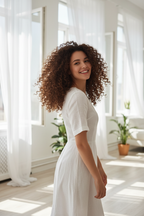 Young woman with gorgeous bouncy natural curly hair smiling confidently in bright airy room lifestyle photo