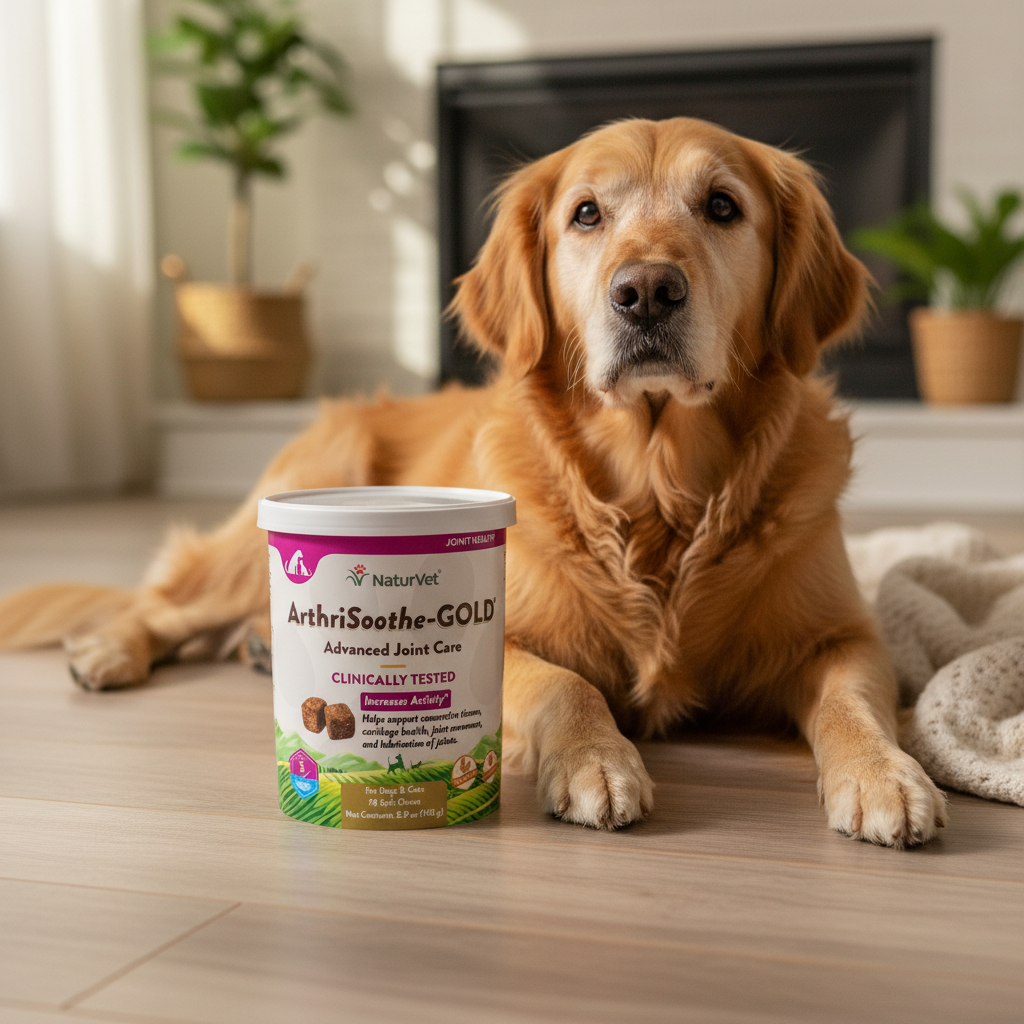 NaturVet ArthriSoothe-GOLD Advanced Joint Care 70 soft chews tub on wood floor next to a senior golden retriever resting comfortably