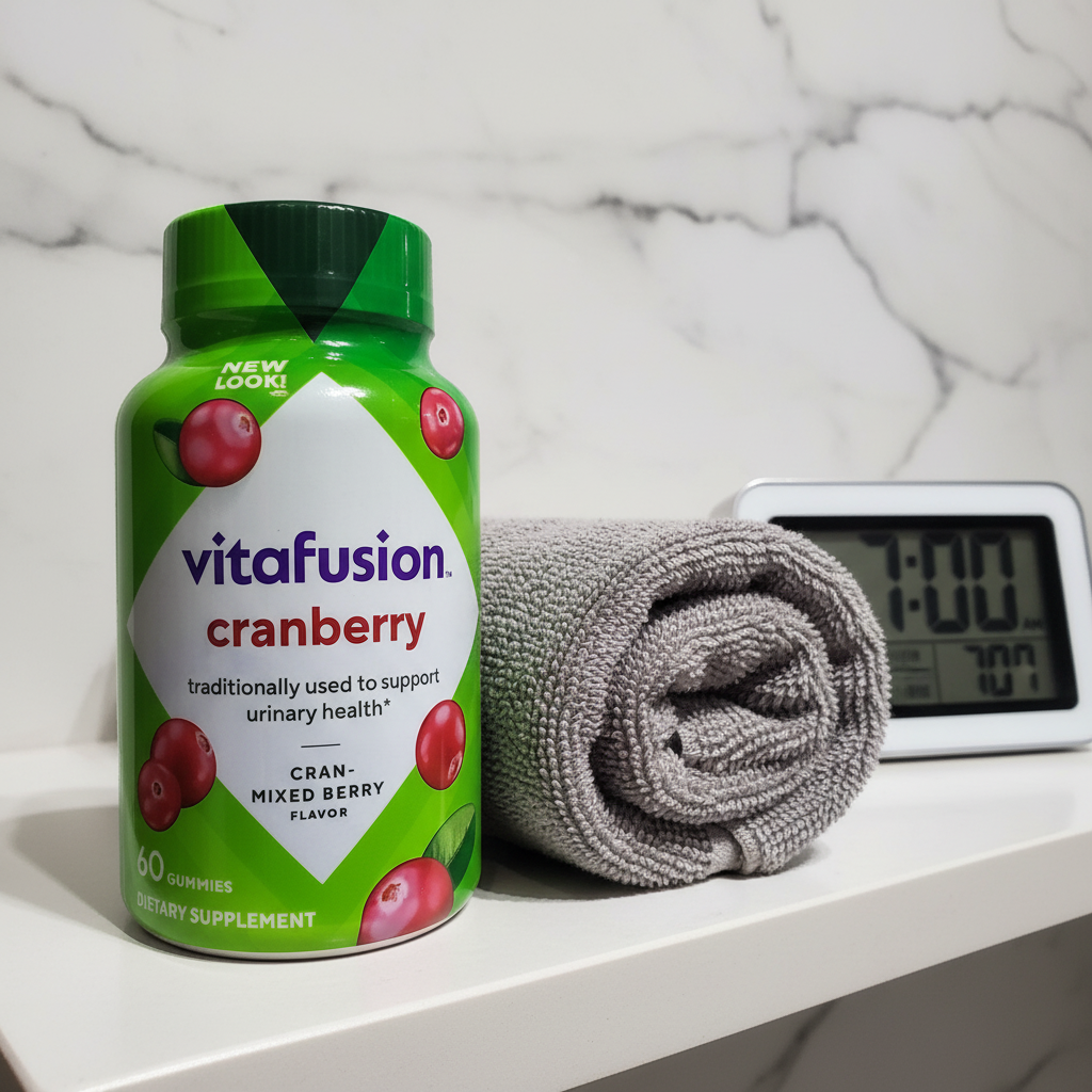 Vitafusion Cranberry Gummies bottle on contemporary bathroom vanity shelf with rolled grey face towel and morning alarm clock