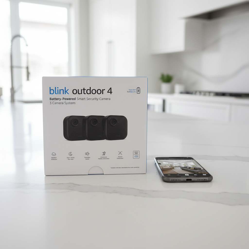 Blink Outdoor 4 3-Camera System box on minimalist white quartz kitchen island next to smartphone displaying home camera feed