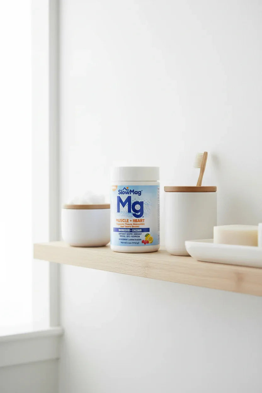 SlowMag Mg powder jar on minimalist bathroom shelf white containers bright neutral lighting