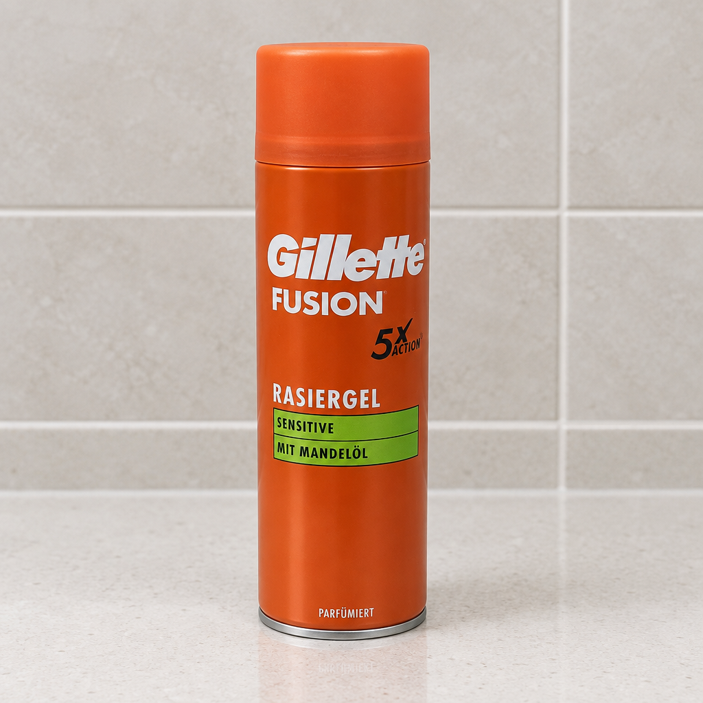 Orange Gillette Fusion Sensitive shave gel can on a bathroom counter