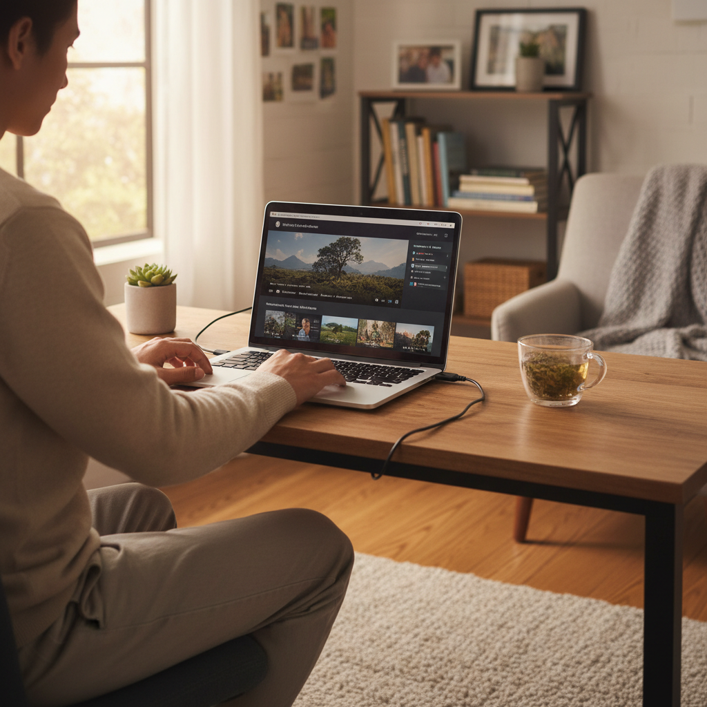 Person working from home on laptop with small USB WiFi adapter plugged in streaming video cozy home office setup natural window light