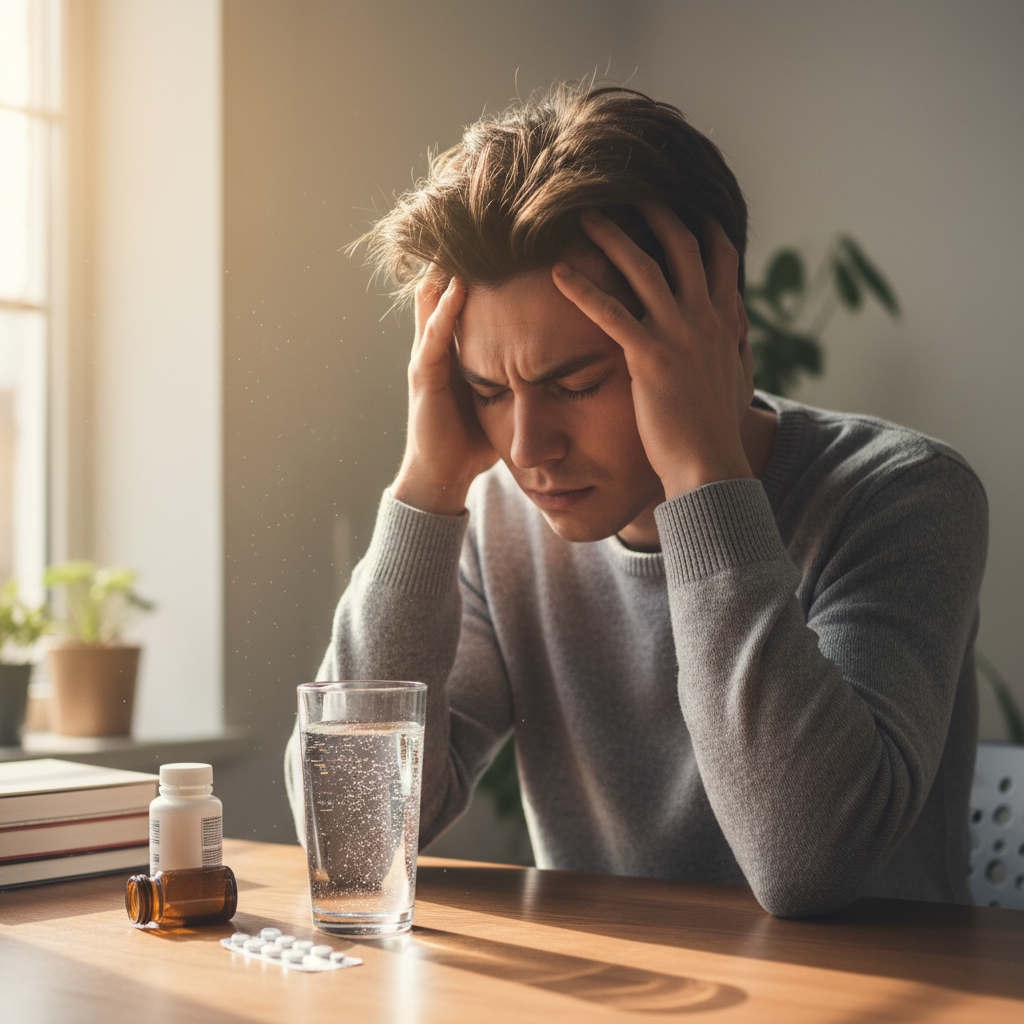 Person with headache at desk with glass of fizzing water nearby