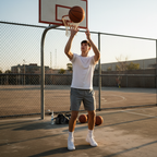 Young basketball player practicing shooting form on outdoor court with proper hand placement and wrist snap