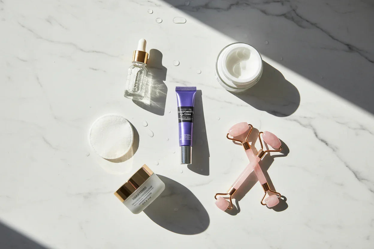 Top-down flat lay of a morning skincare routine featuring orbital care products including LUMIFY Eye Cream in natural daylight