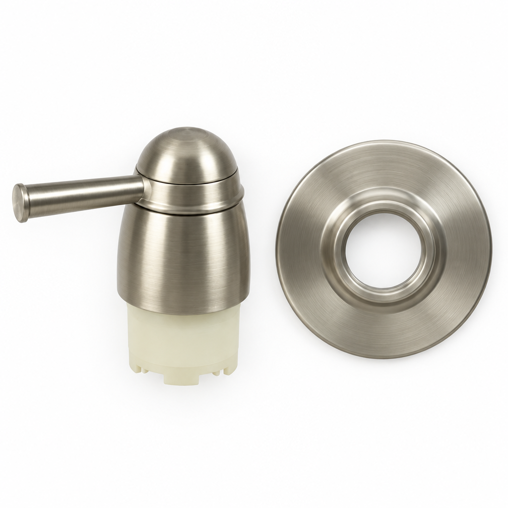 Moen Belfield brushed nickel volume control trim and round escutcheon piece viewed from above