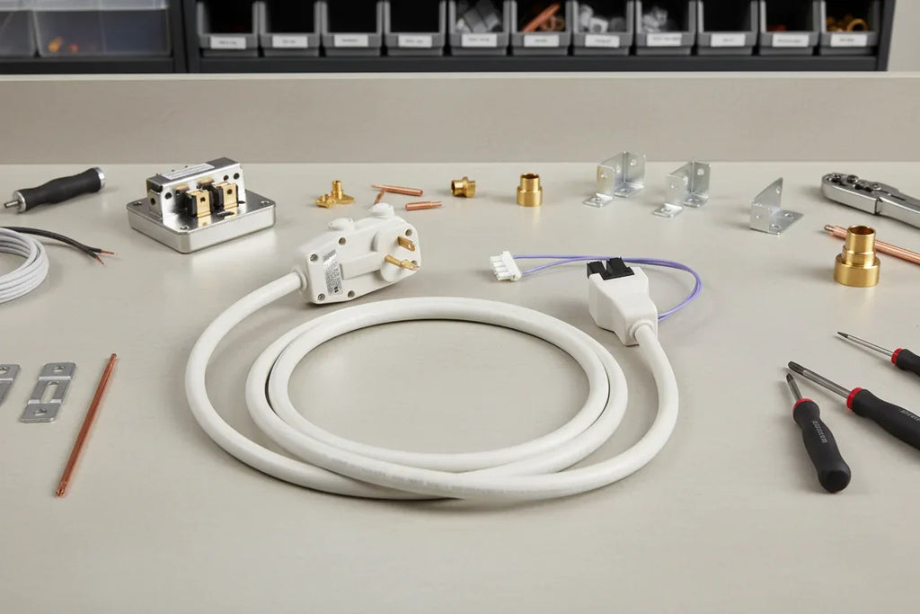 Clean professional HVAC installation staging with GE RAK320P white electrical power supply cable on neutral workbench