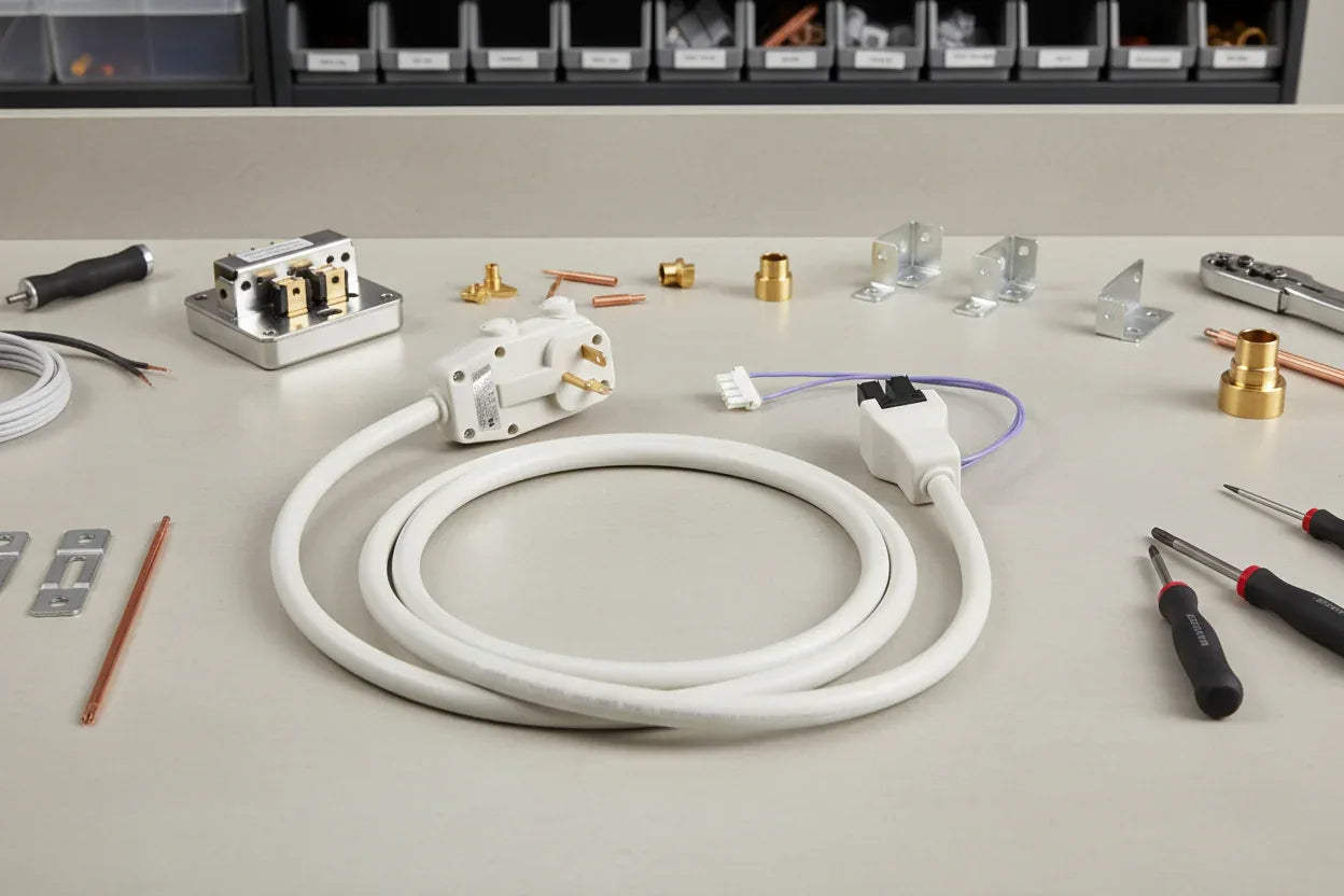 Clean professional HVAC installation staging with GE RAK320P white electrical power supply cable on neutral workbench